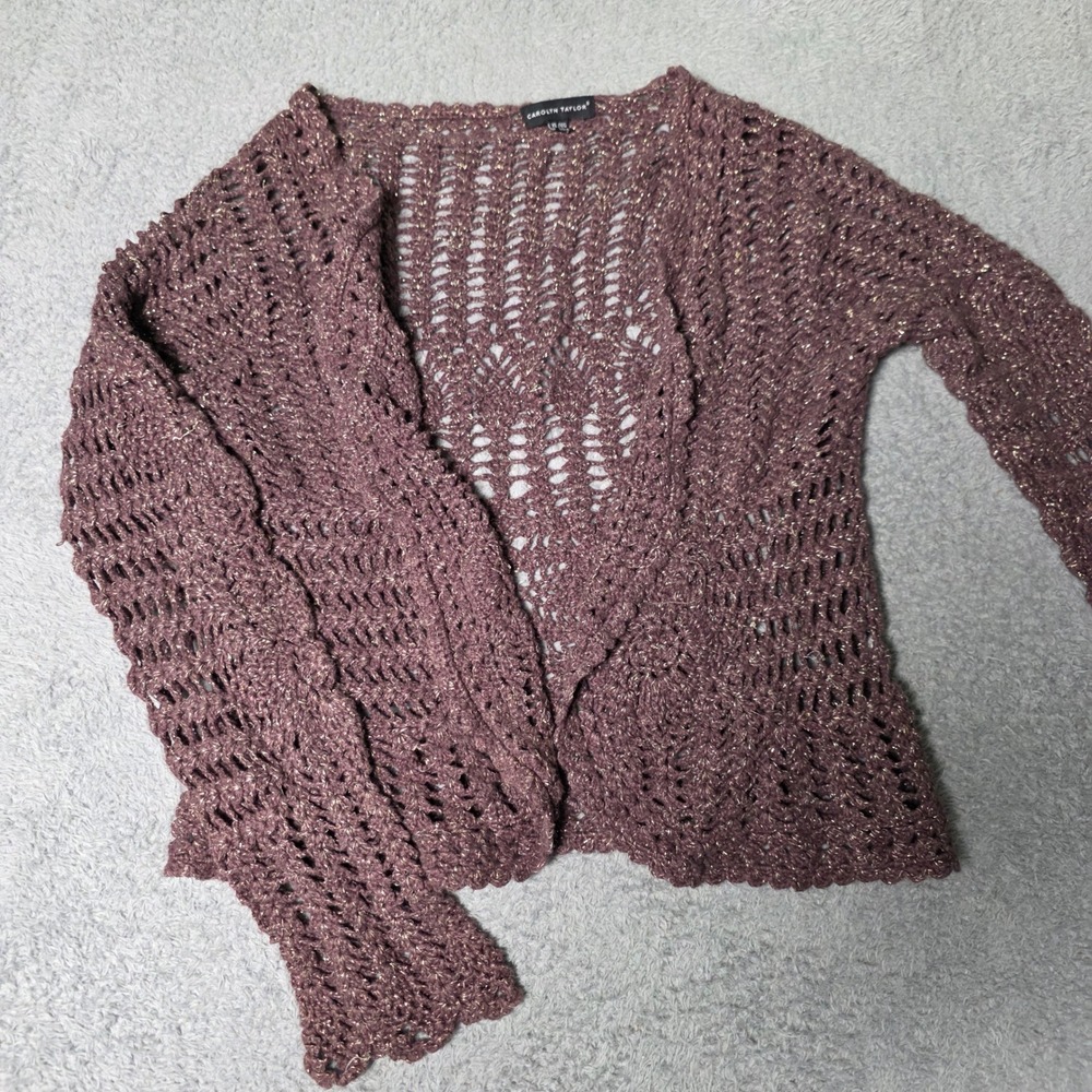 Carolyn Taylor Womens XL Cardigan Mauve Gold Metallic Open Knit Crochet Shimmer